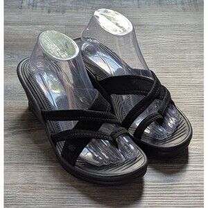 SKECHERS Shoes Black Strappy Slip On Wedge Thong Sandals Women Size 9 US